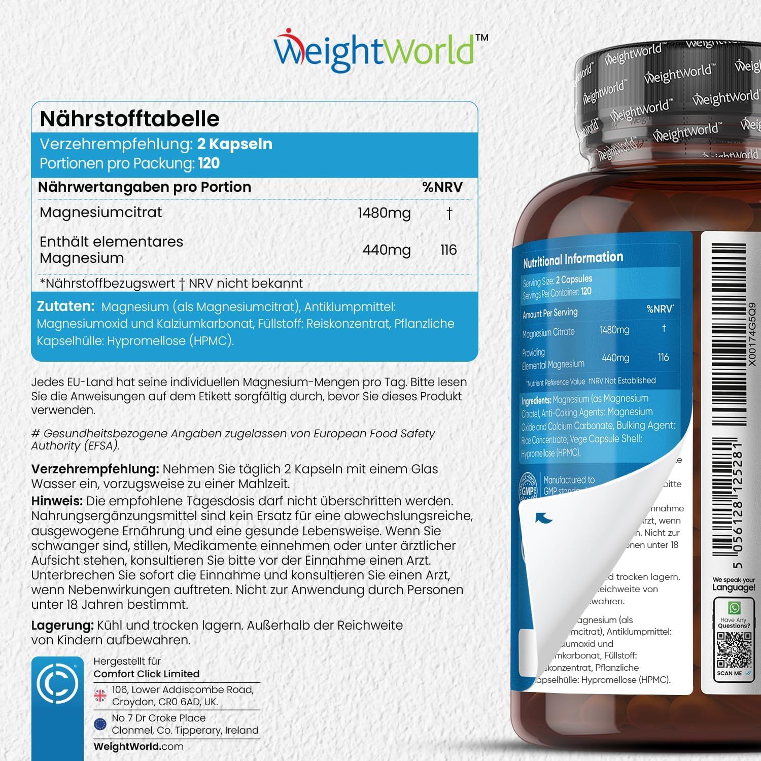 Tabella nutrizionale di WeightWorld Magnesium Citrato. Contiene 1480mg di citrato di magnesio per porzione. 240 capsule.