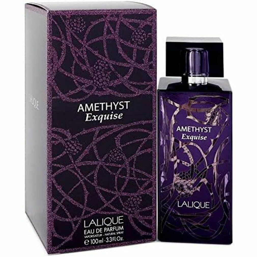 Flacone e confezione Amethyst Exquise. Design viola, scritta. Logo Lalique. 100ml.