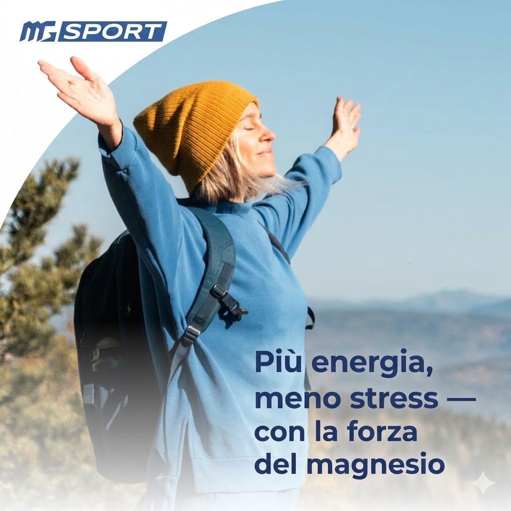 Donna con zaino e cappello alza le braccia. Testo: Più energia, meno stress - con la forza del magnesio.