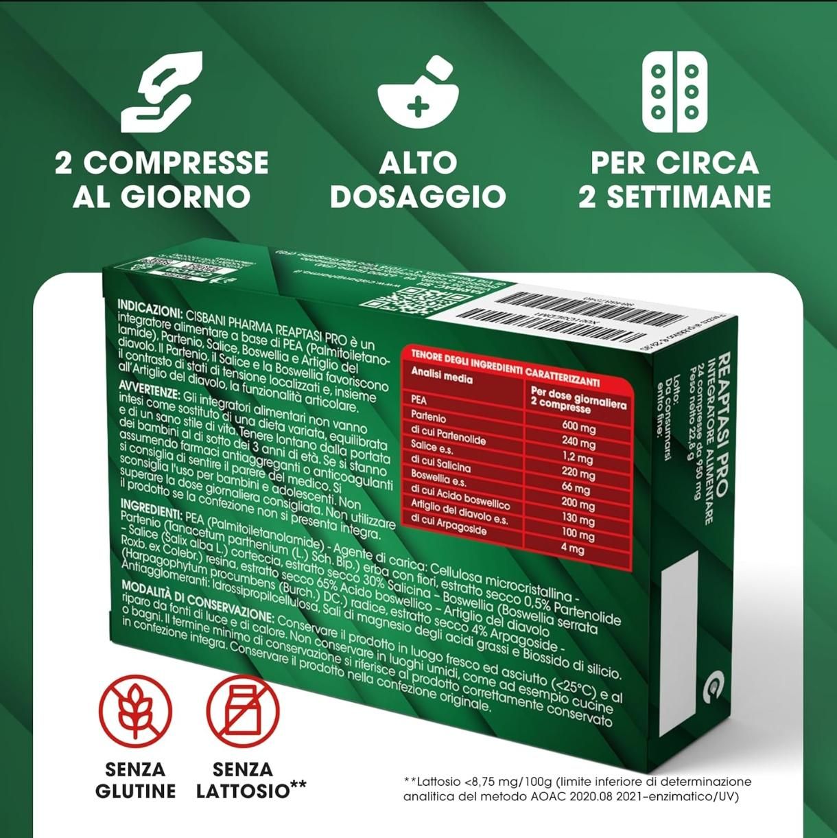 Confezione Reaptasi PRO. Dettaglio ingredienti e dosaggio. Senza glutine e senza lattosio.