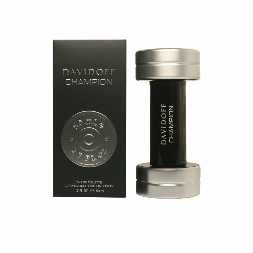 Flacone DAVIDOFF CHAMPION a forma di manubrio. Corpo nero, estremità argentate. Accanto alla confezione con logo e testo.