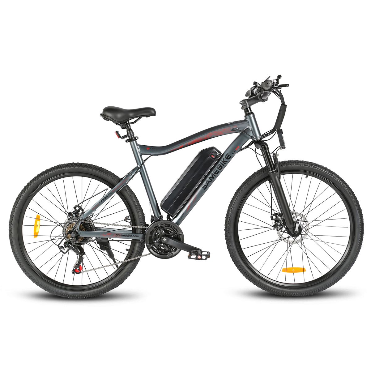 E-bike grigia con pneumatici e sella neri. Batteria e marchio SAMEBIKE visibili. Riflettori gialli sulle ruote.