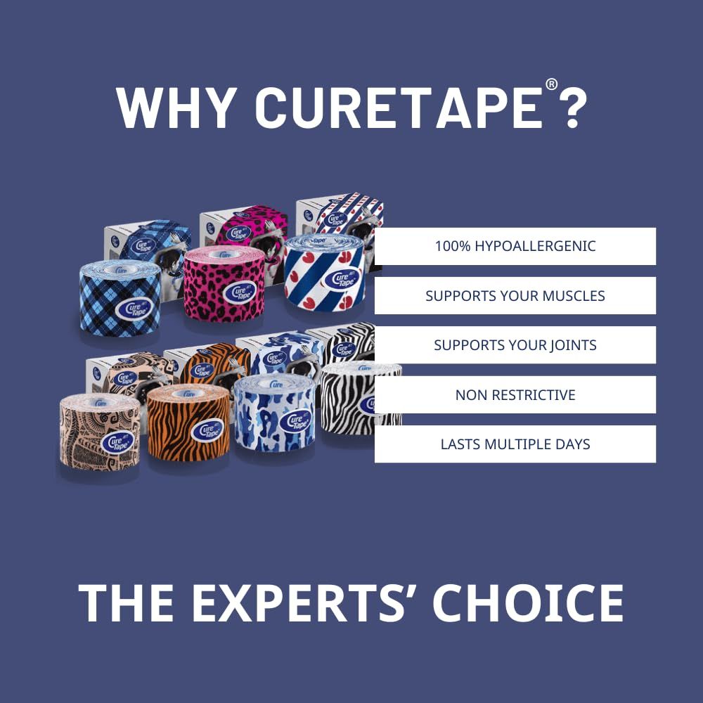 Vari rotoli di CureTape con diversi motivi. Testo: 100% ipoallergenico, supporta muscoli e articolazioni, non restrittivo, dura diversi giorni.