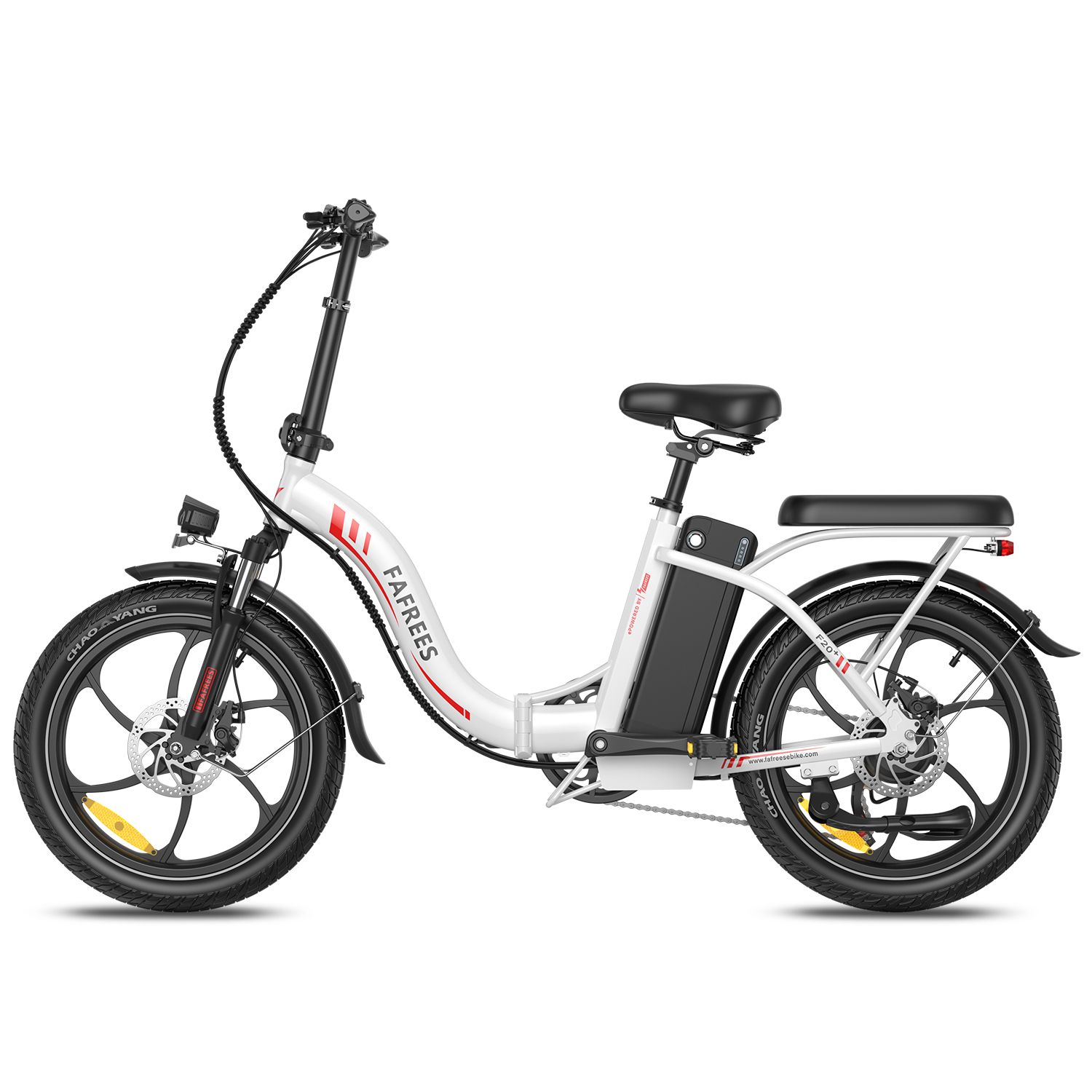 E-bike pieghevole bianca, accenti rossi. Pneumatici, sella e manubrio neri. Marchio FAFREES.