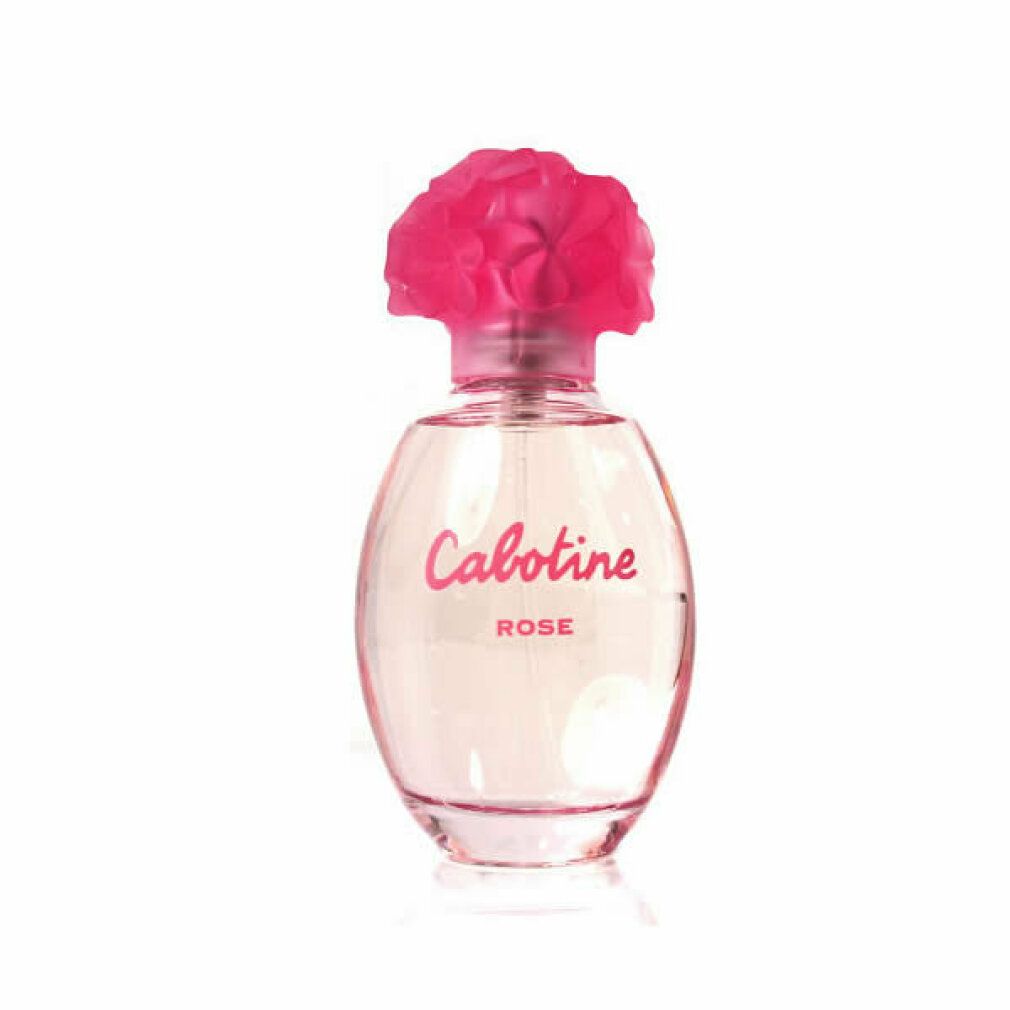 Flacone rotondo con tappo a fiore rosa. Scritta Cabotine Rose.