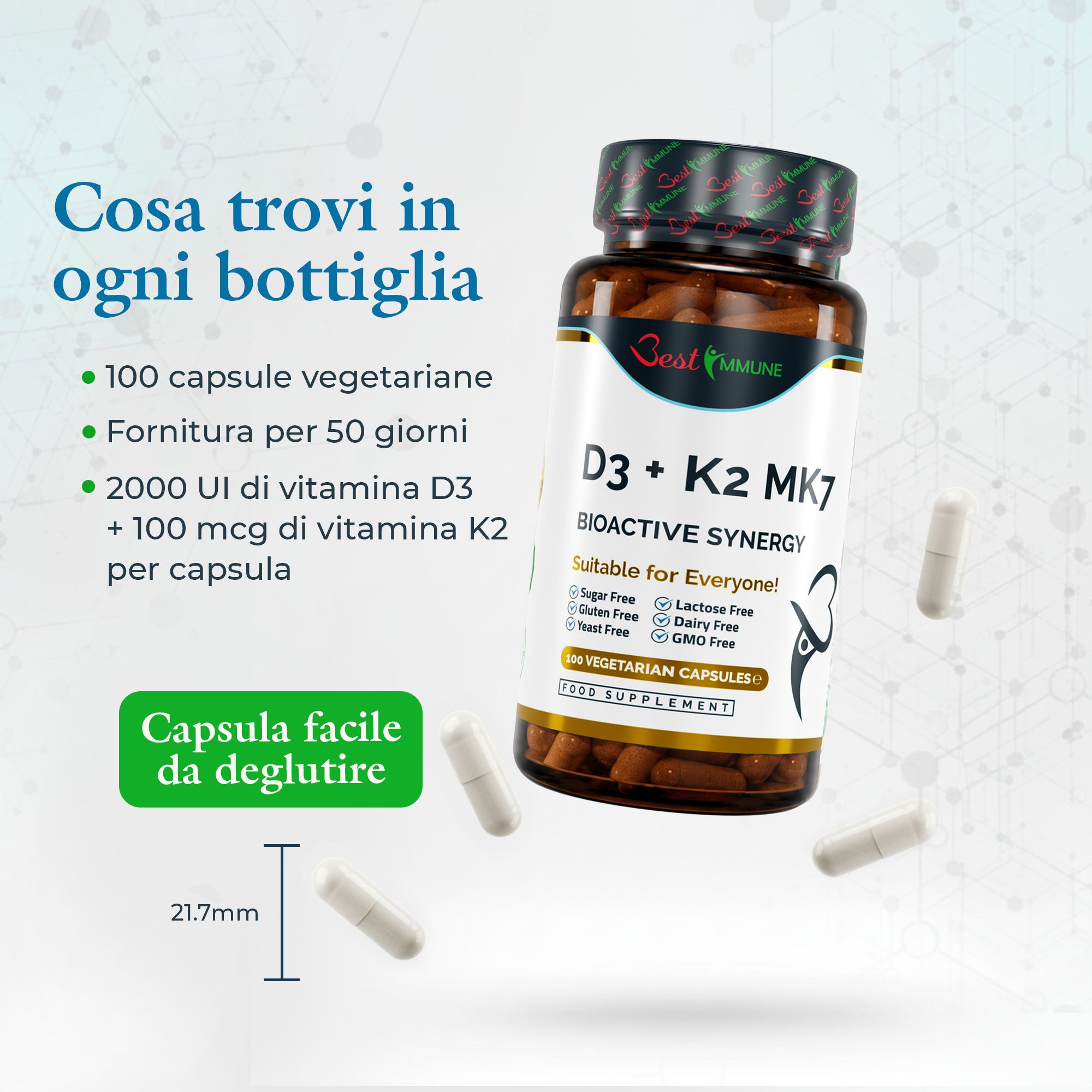 Etichette di Best Immune D3 + K2 MK7, multilingue, con informazioni nutrizionali.