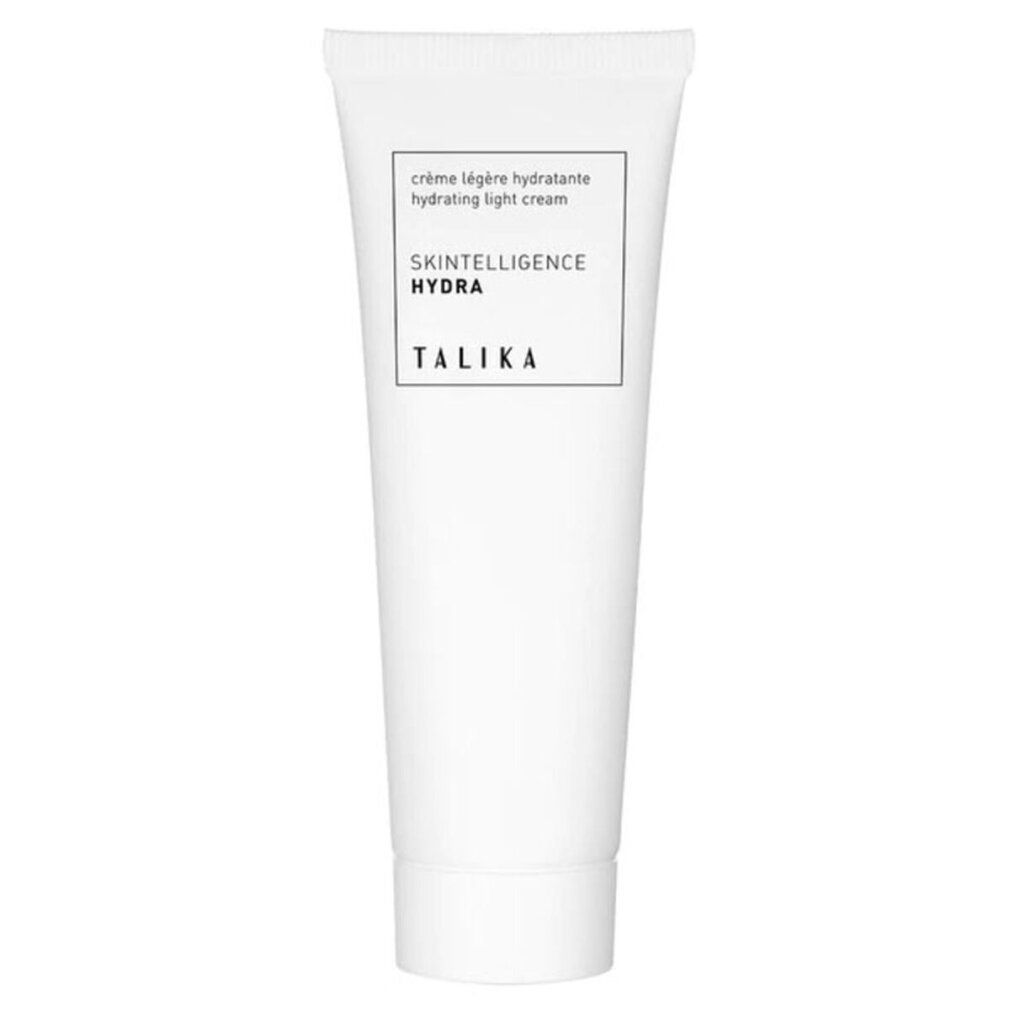 Tubo bianco con "crème légère hydratante" e "SKINTELLIGENCE HYDRA" di TALIKA. Prodotto per la pelle.