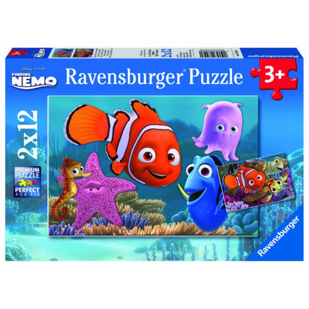 Puzzle Ravensburger 2x12 pezzi. Confezione con Nemo. Personaggi: pesce pagliaccio, stella marina, Dory, cavalluccio marino, medusa. Età: 3+