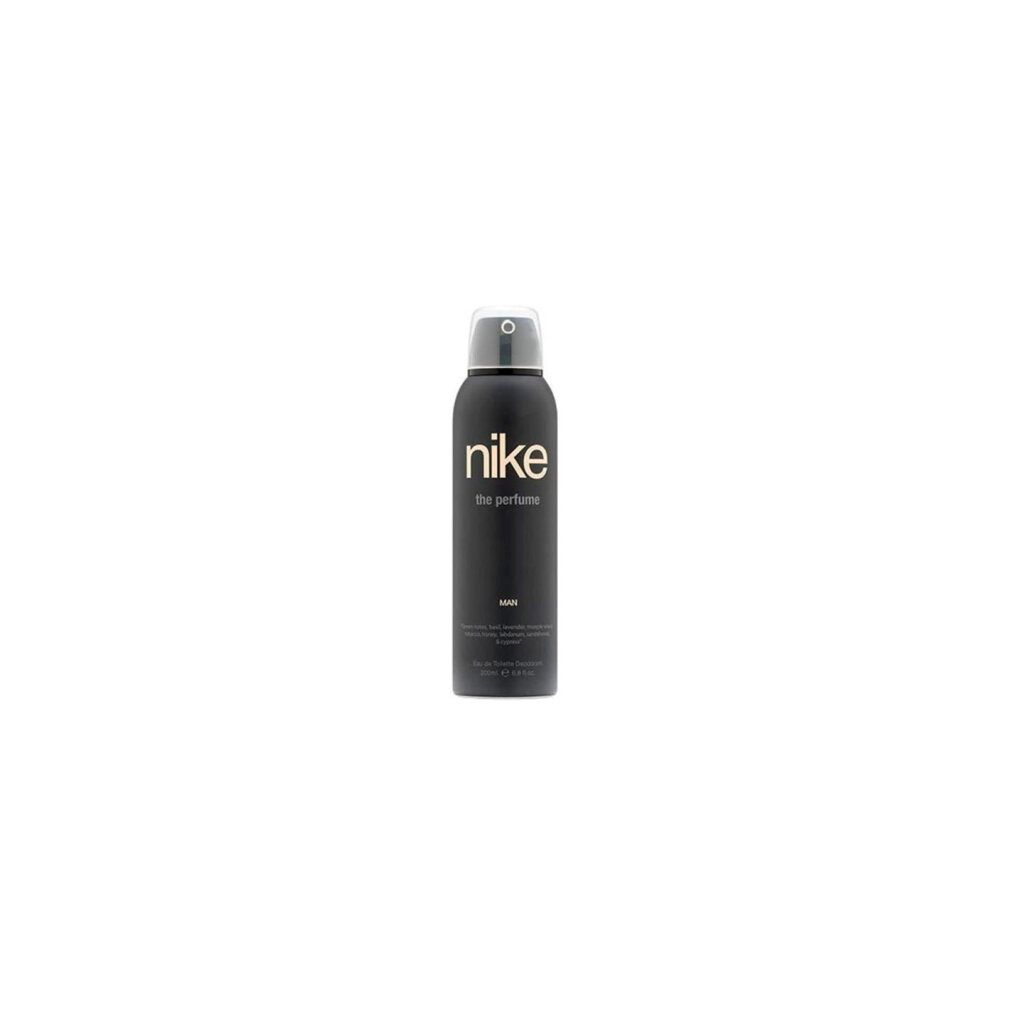 Flacone spray deodorante nero con erogatore argentato. Scritta: nike the perfume MAN. Contenuto: 150 ml.