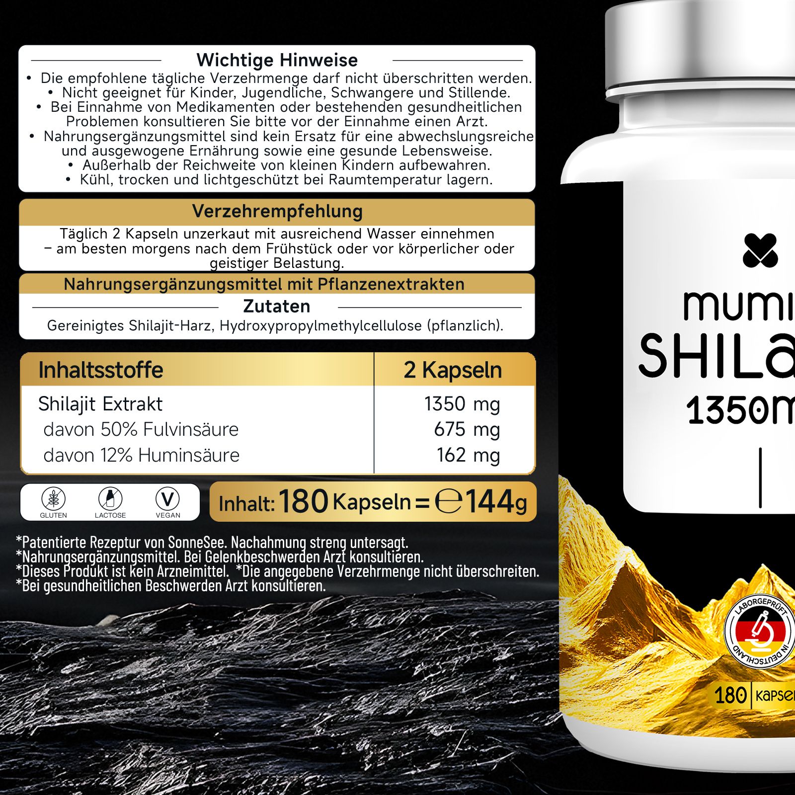 Una bottiglia bianca con un'etichetta che riporta "mumi SHILAIT 1350mg". Contiene 180 capsule.