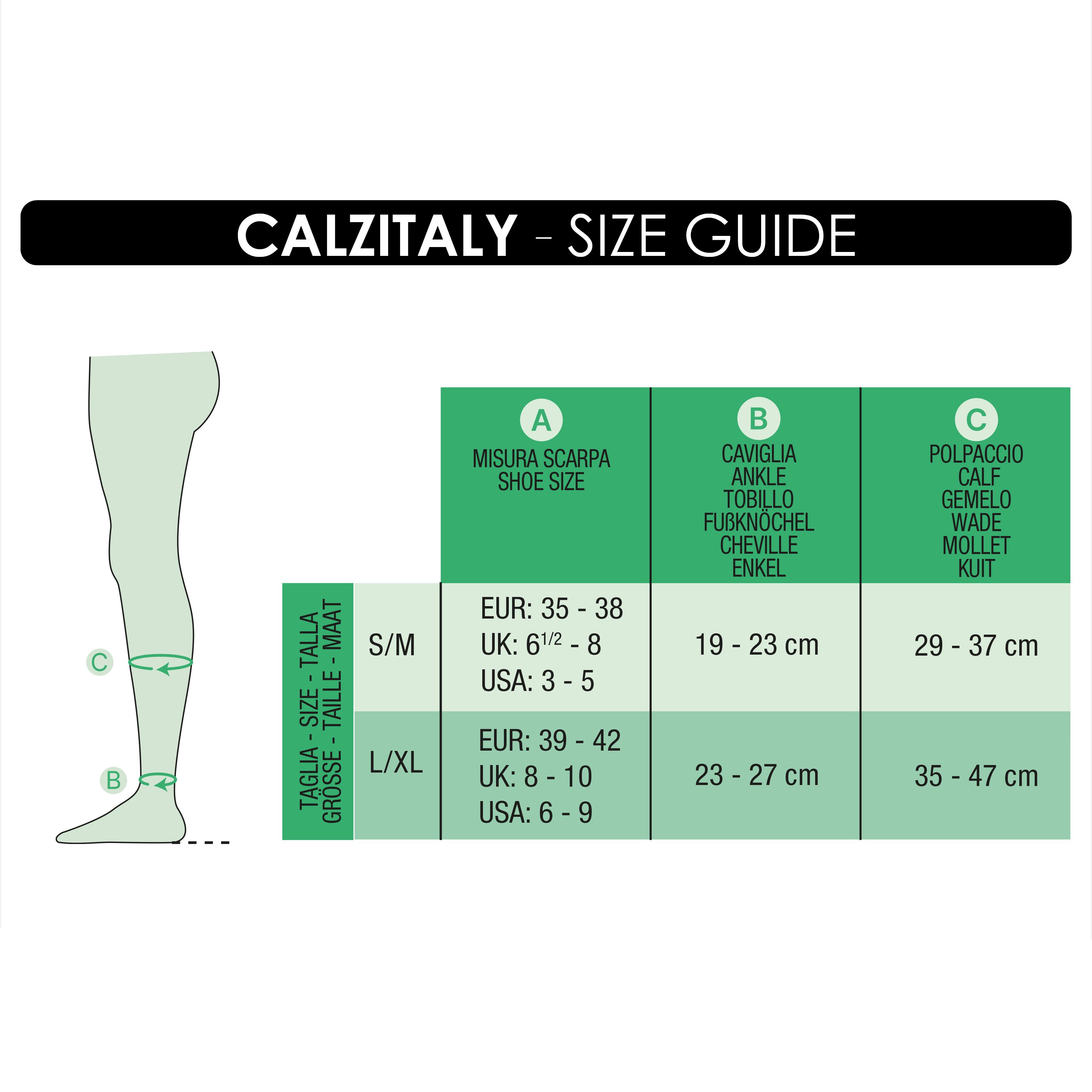 Tabella taglie per calze compressive. Testo: MISURA SCARPA, CAVIGLIA, POLPACCIO. Taglie: S/M, L/XL. Misure in cm e pollici.