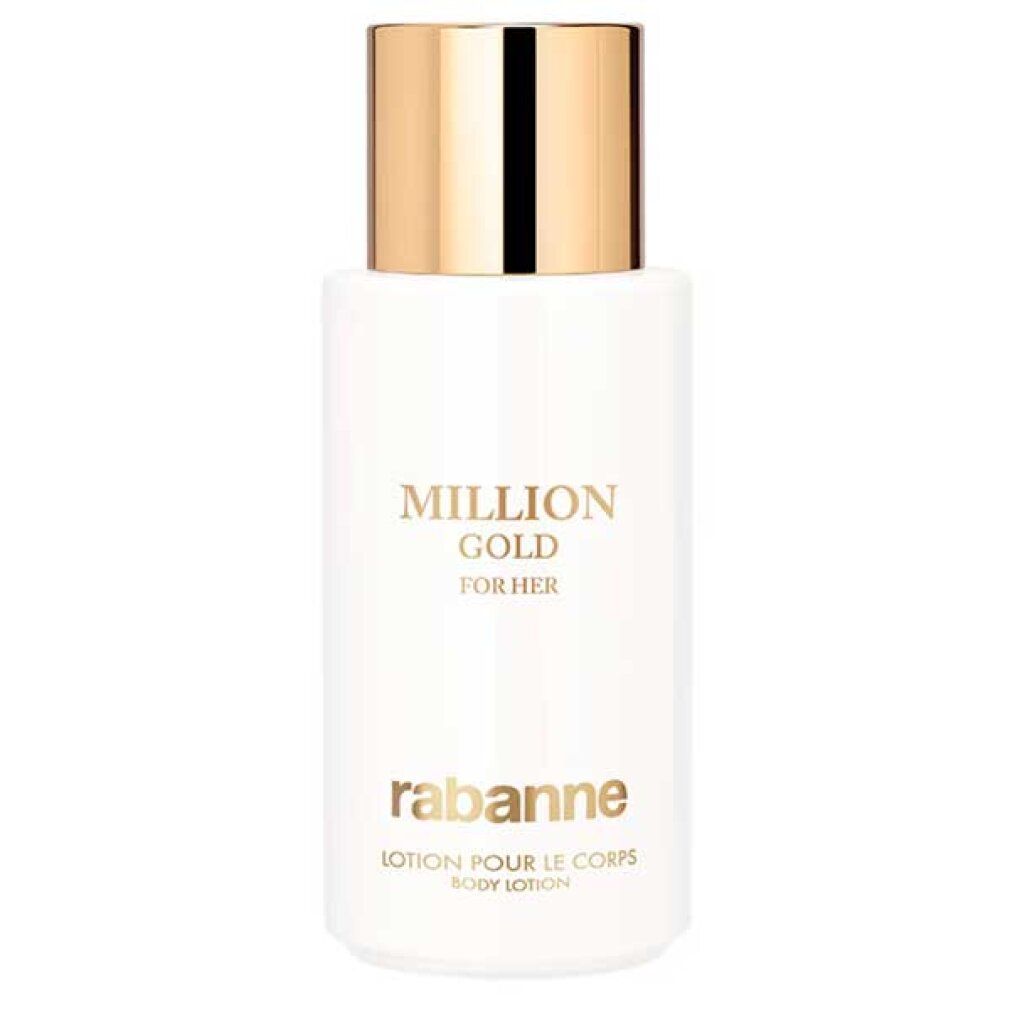 Flacone bianco con tappo dorato. Scritta: MILLION GOLD FOR HER, rabanne. Lotion pour le corps.