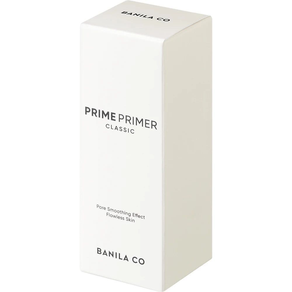 Confezione bianca del prodotto. Scritta: PRIME PRIMER CLASSIC, BANILA CO. Testo: Pore Smoothing Effect, Flawless Skin.