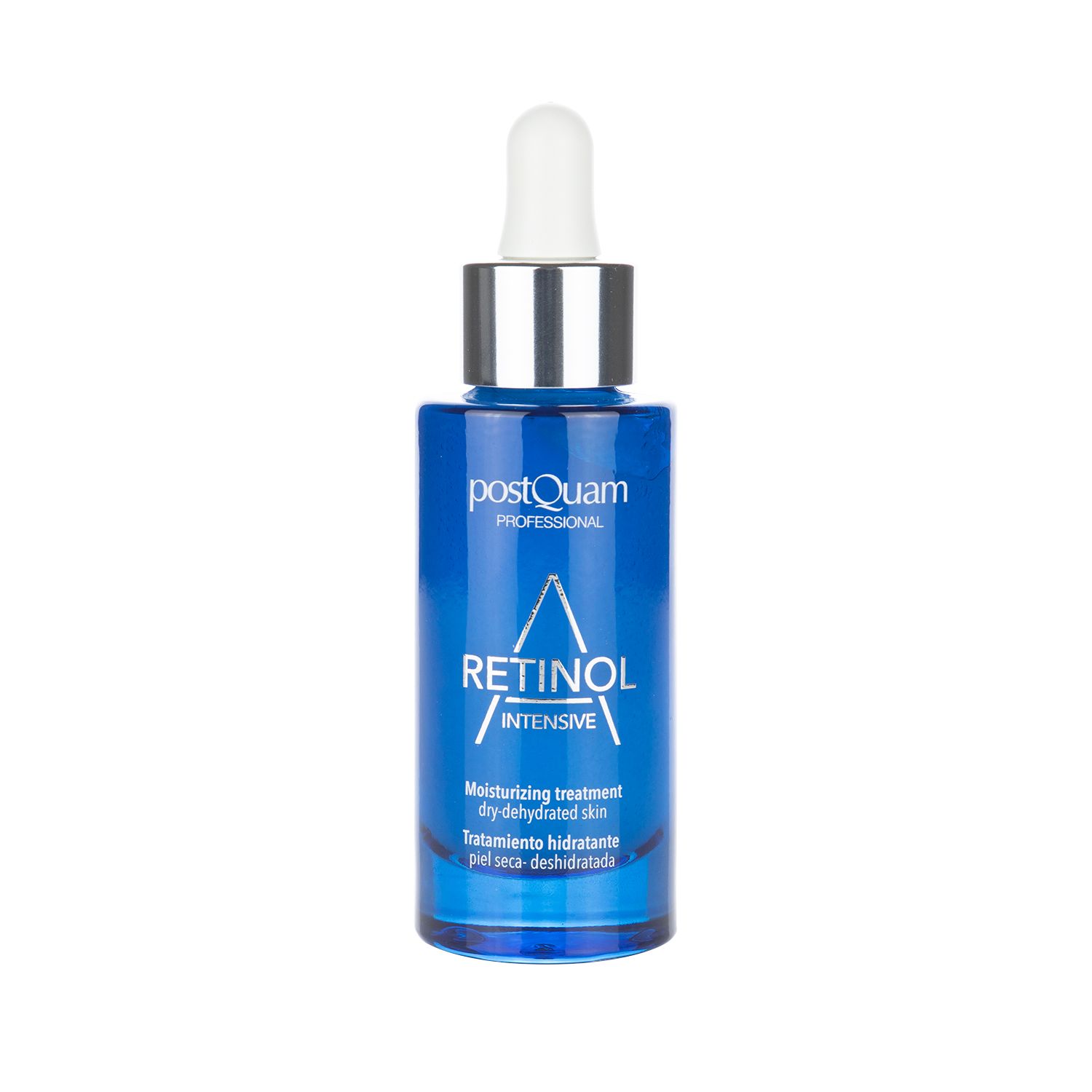 Flacone blu con pipetta. Scritta: Retinol Intensive, Postquam Professional. Trattamento idratante per pelle secca.