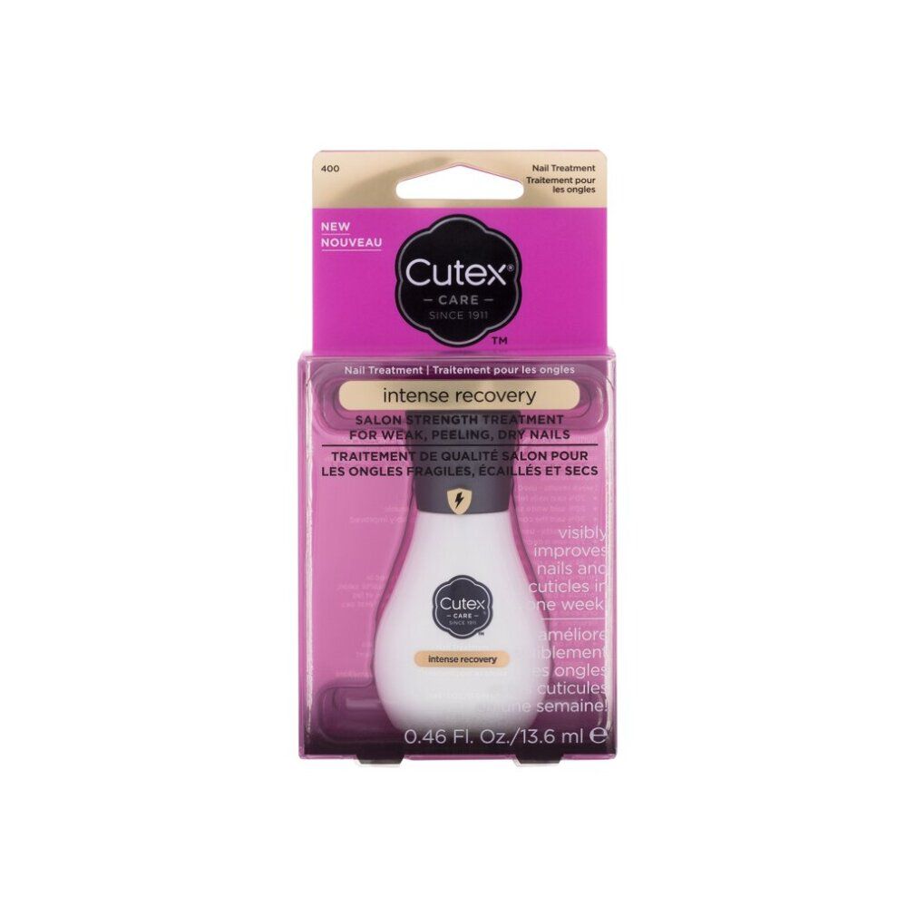 Trattamento unghie Cutex Care in confezione. Scritta: Intense Recovery. Flacone con tappo argentato. 0.46 Fl. Oz./13.6 ml.