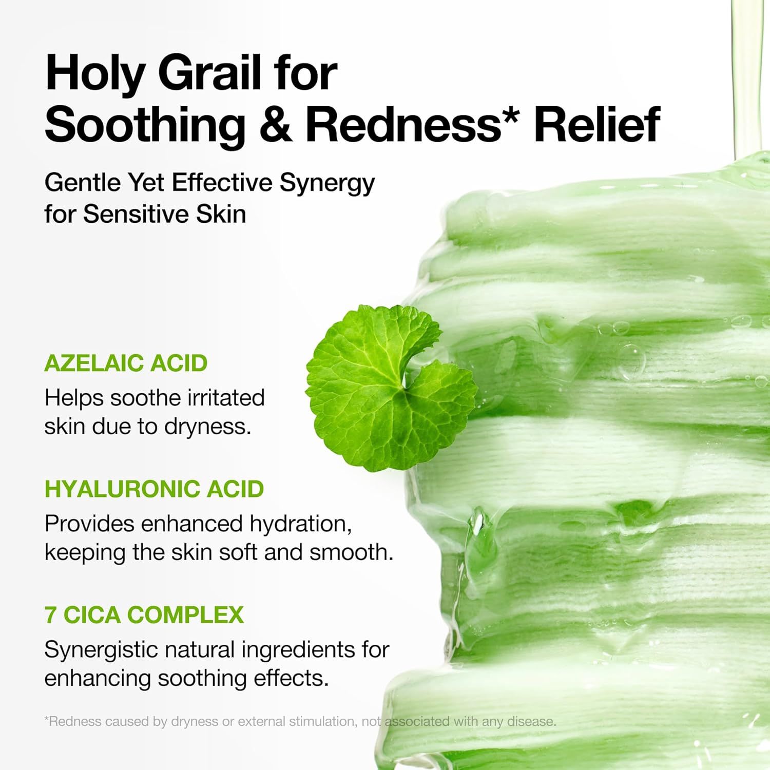 Pads verdi con liquido. Testo: Holy Grail for Soothing & Redness* Relief. Azelaic Acid, Hyaluronic Acid, 7 Cica Complex.