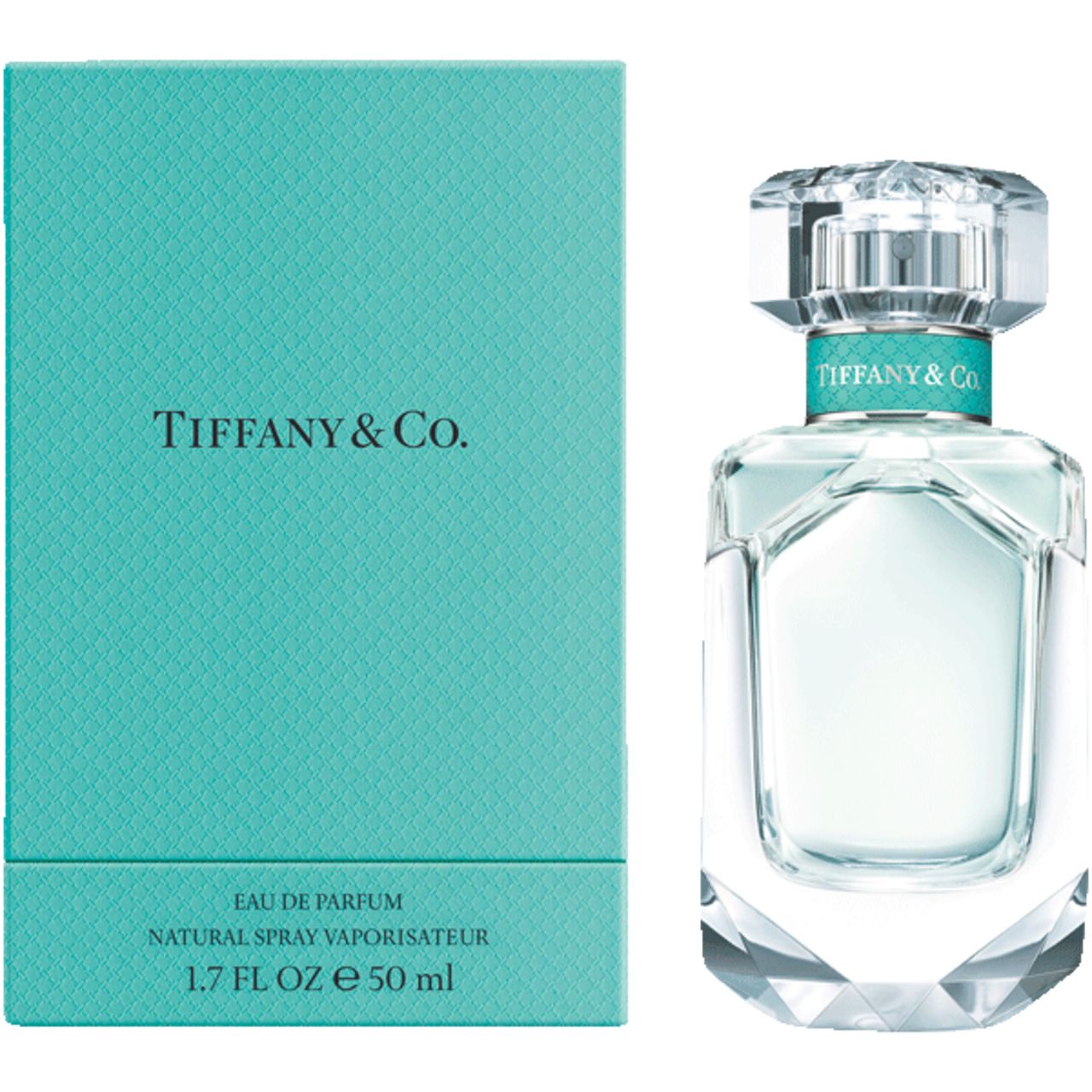 Tiffany & Co. EdP Nat. Spray e confezione. Scatola turchese e flacone. Flacone sfaccettato, fascia turchese.