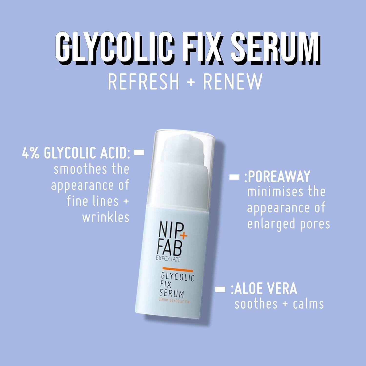 Siero Glycolic Fix Nip + Fab. Flacone bianco con dosatore a pompa. Testo: Glycolic Fix Serum, 4% acido glicolico, Poreaway, Aloe Vera.