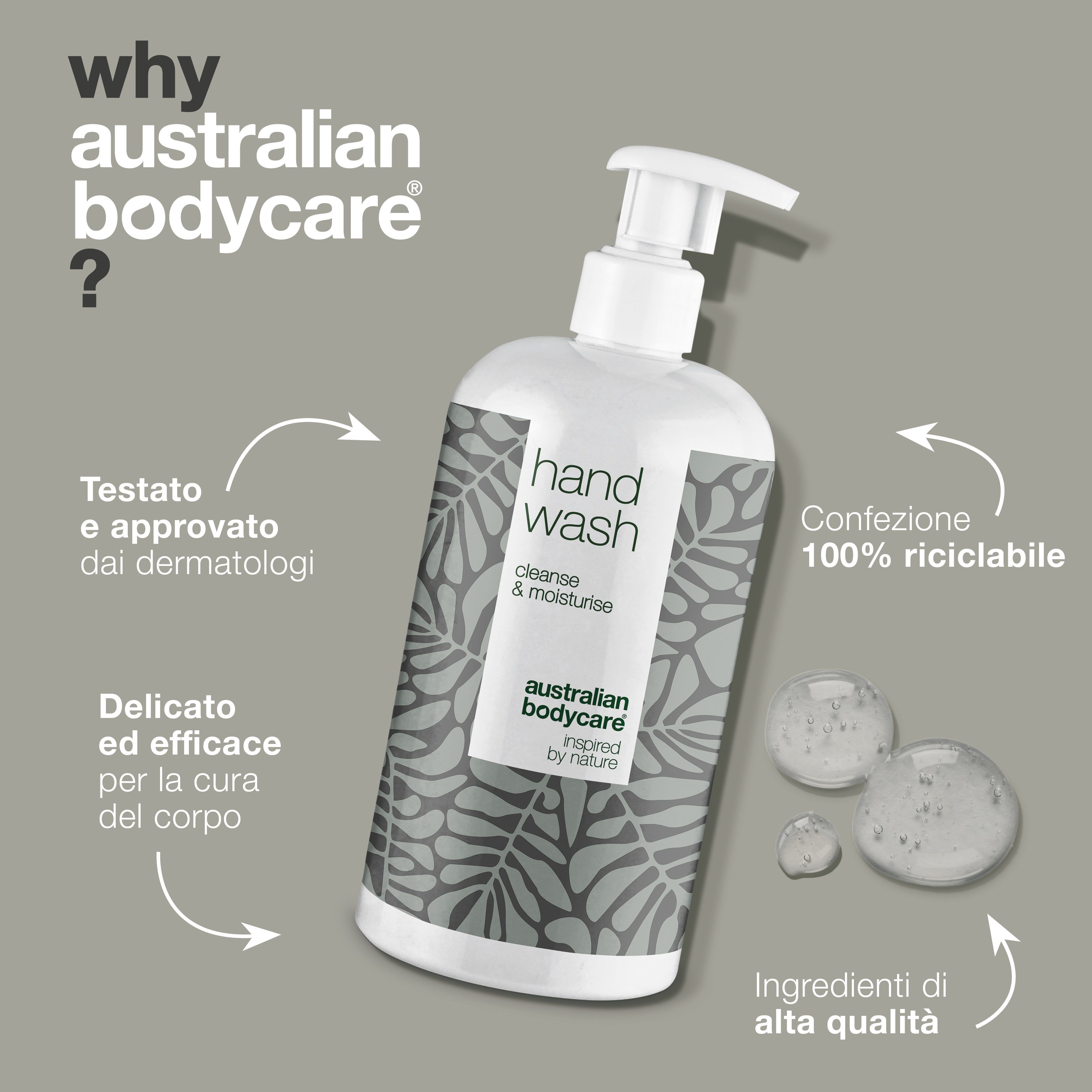 Flacone di sapone per le mani. Scritta: Hand Wash, cleanse & moisturise. Logo: Australian Bodycare. Testo: Testato e approvato dai dermatologi.
