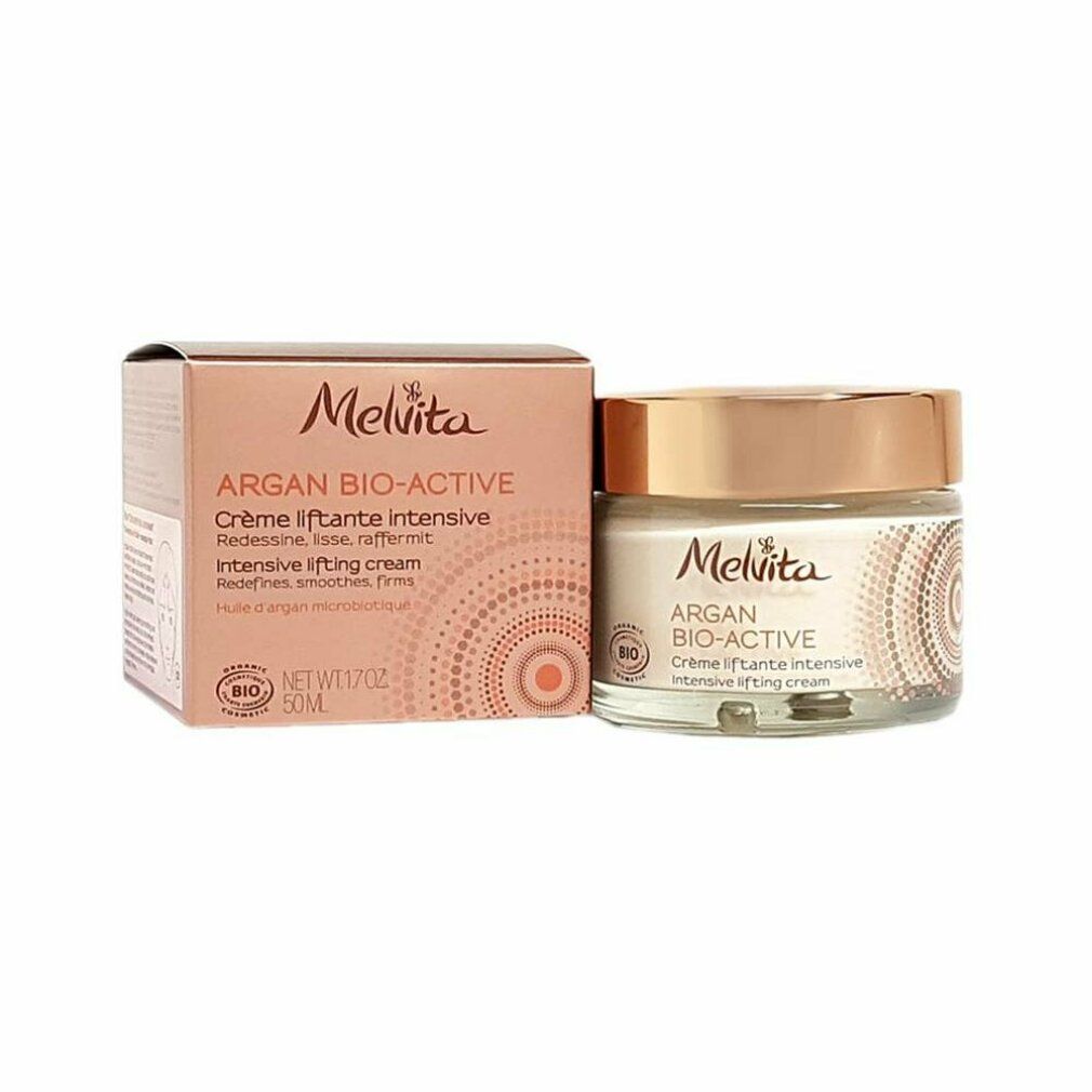 Vasetto di crema e scatola. Scritta: Melvita, ARGAN BIO-ACTIVE, Crème liftante intensive. Certificazione bio. 50ml.