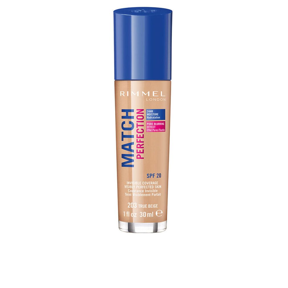 Flacone di fondotinta Rimmel Match Perfection 203 True Beige, 30ml, con tappo blu e SPF 20.
