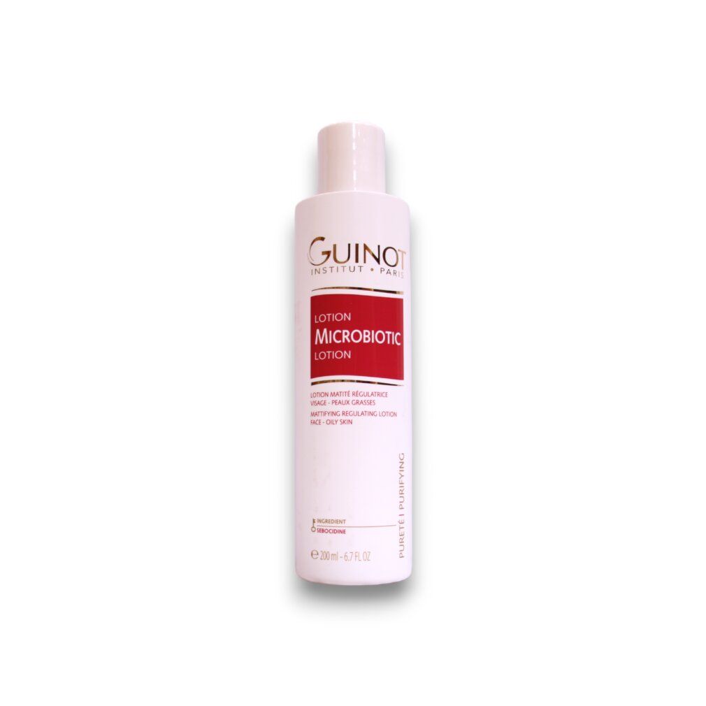 Guinot Microbiotic Lotion: Flacone bianco con etichetta rossa, 200ml.