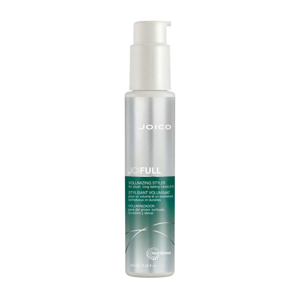 Flacone argento con erogatore bianco. Logo JOICO e nome prodotto JOIFULL. Testo: Volumizing Styler. Dettagli etichetta verde e bianca.
