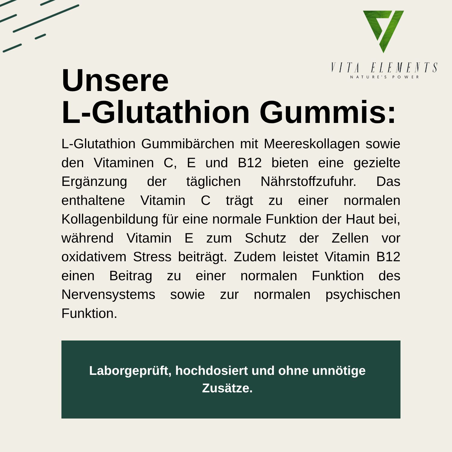 Testo sui gummy L-Glutatione di Vita Elements con vitamine C, E, B12 e collagene marino.