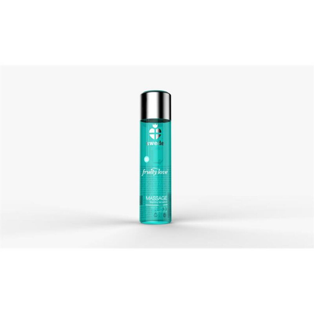 Flacone cilindrico con tappo argentato. Scritte: swede, fruity love, Massage. Liquido turchese.