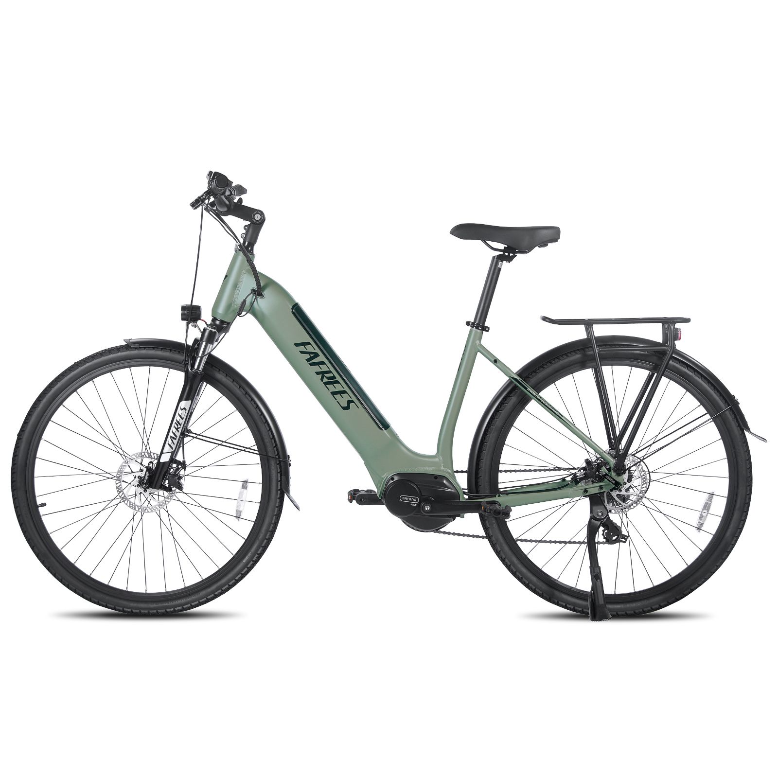 E-bike da trekking verde con portapacchi. Pneumatici e componenti neri. Marchio FAFREES.