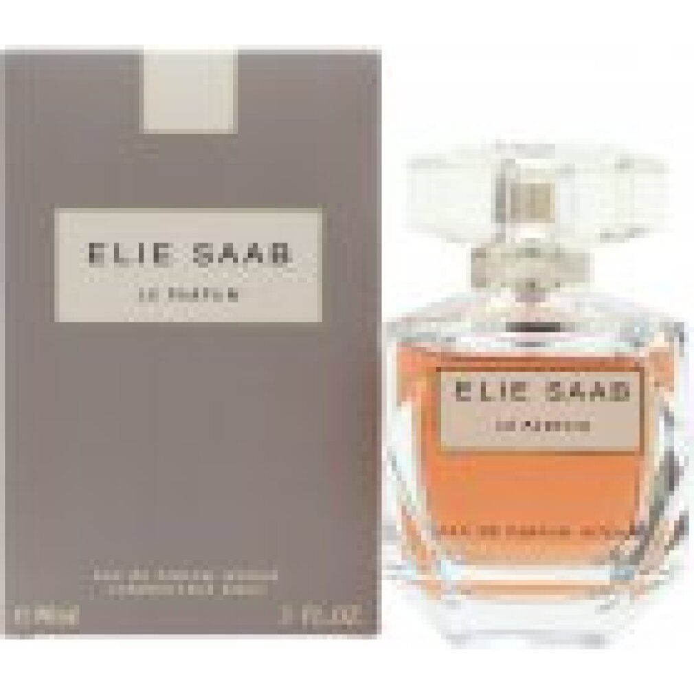 Confezione grigia accanto a un flacone di profumo. Scritta: ELIE SAAB LE PARFUM. Flacone: trasparente, angolare, con tappo dorato.