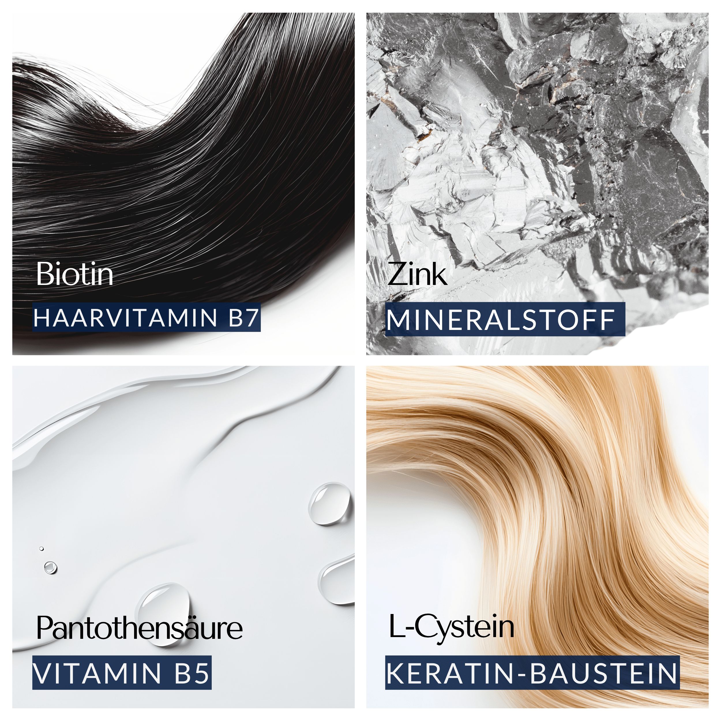 Biotina, zinco, acido pantotenico e L-cisteina. Ingredienti per capelli sani. Diverse consistenze e colori.