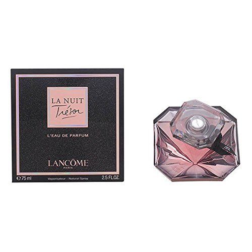 Scatola nera e flacone. "La Nuit Trésor" e "Lancôme" sulla scatola. Flacone a forma di diamante, rosa.