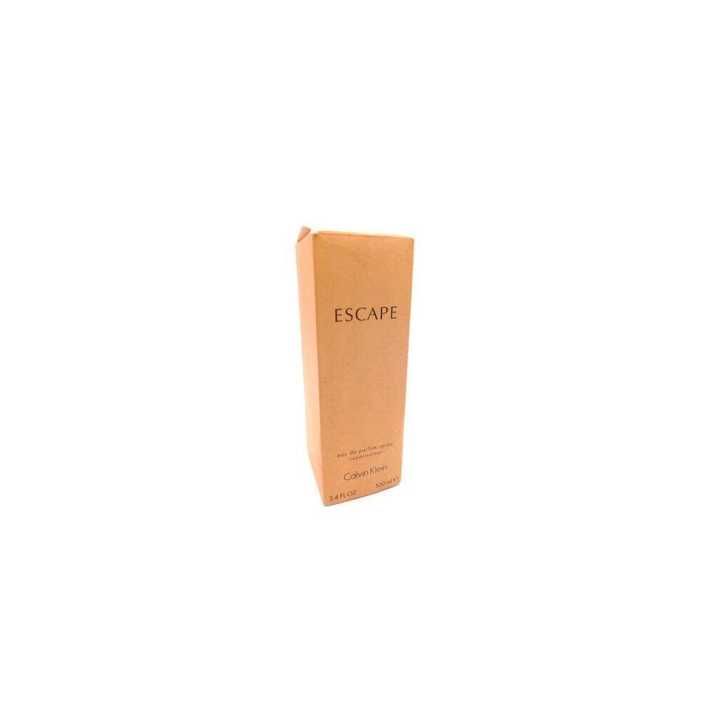 Confezione beige con scritta "ESCAPE". Sotto, "eau de parfum spray vaporisateur" e "Calvin Klein".