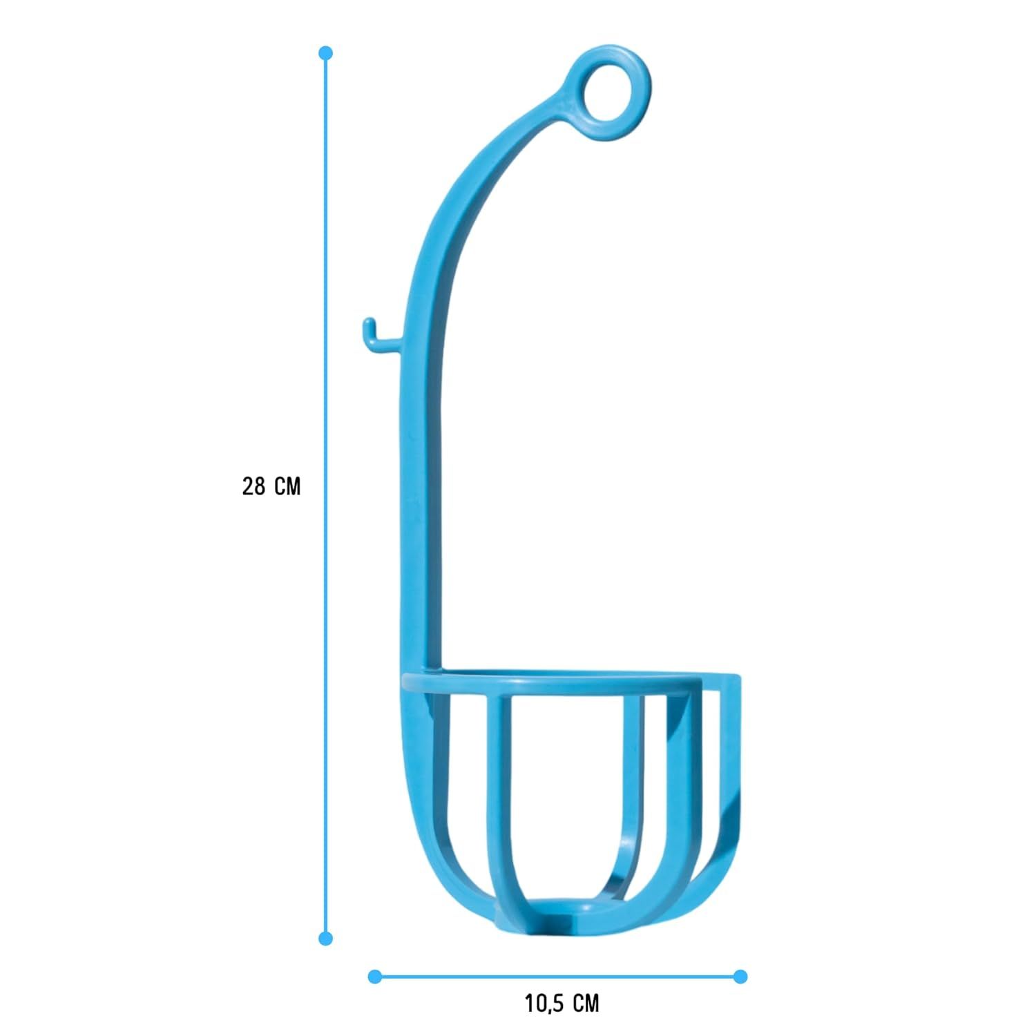 Cesto sospeso blu in plastica, alto 28 cm, largo 10,5 cm, con gancio e anello per appenderlo.