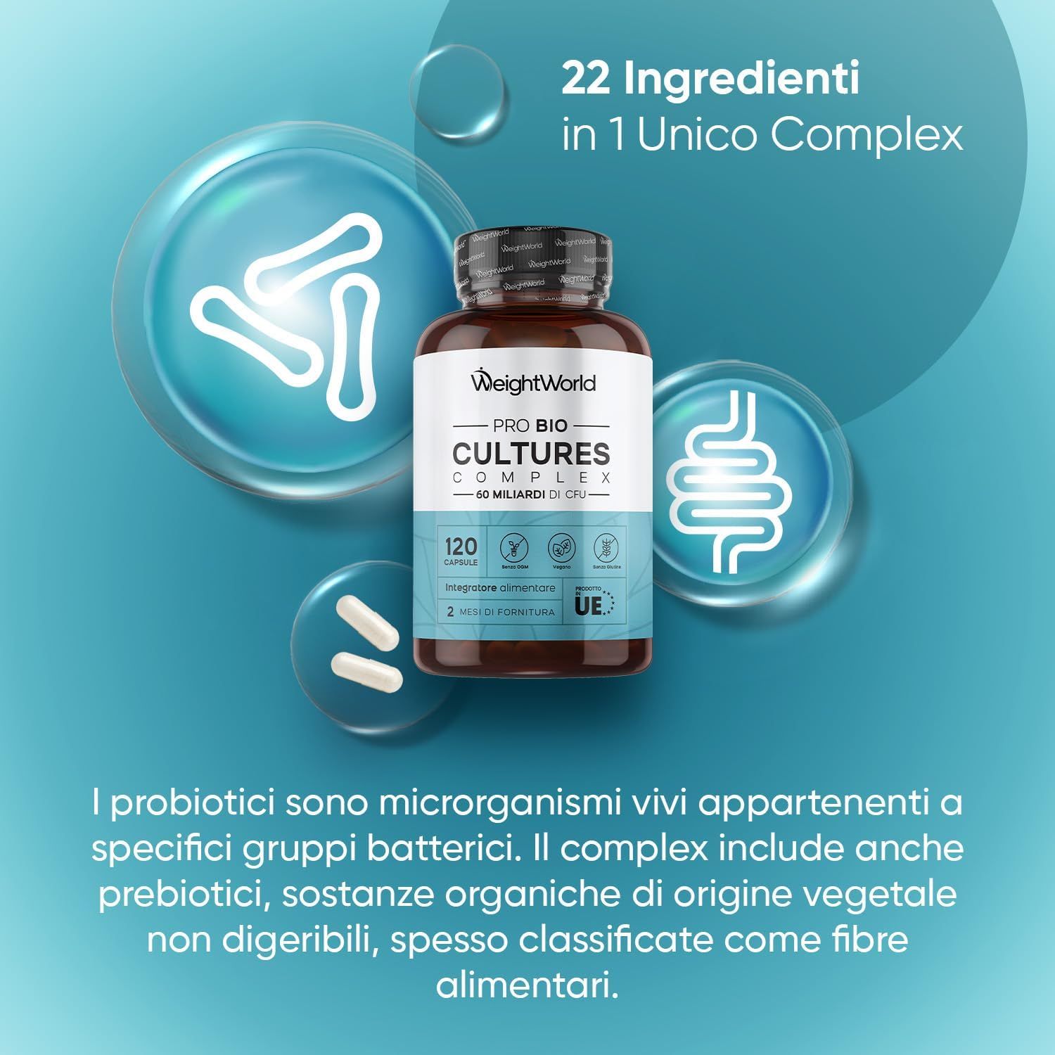 Immagine del prodotto con flacone e capsule. Testo: 22 ingredienti in 1 Unico Complex. Descrizione di probiotici e prebiotici.
