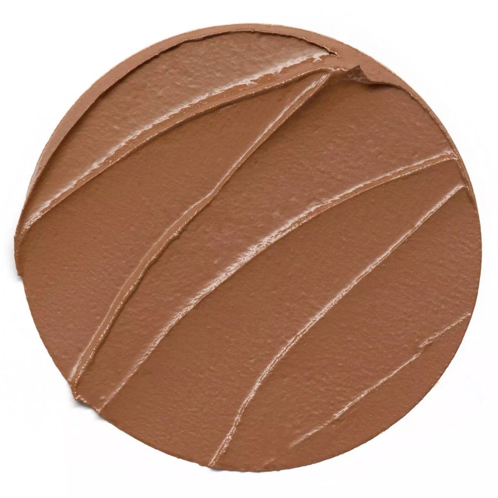 Texture bronzer marrone su sfondo bianco. Forma rotonda con strisce diagonali.