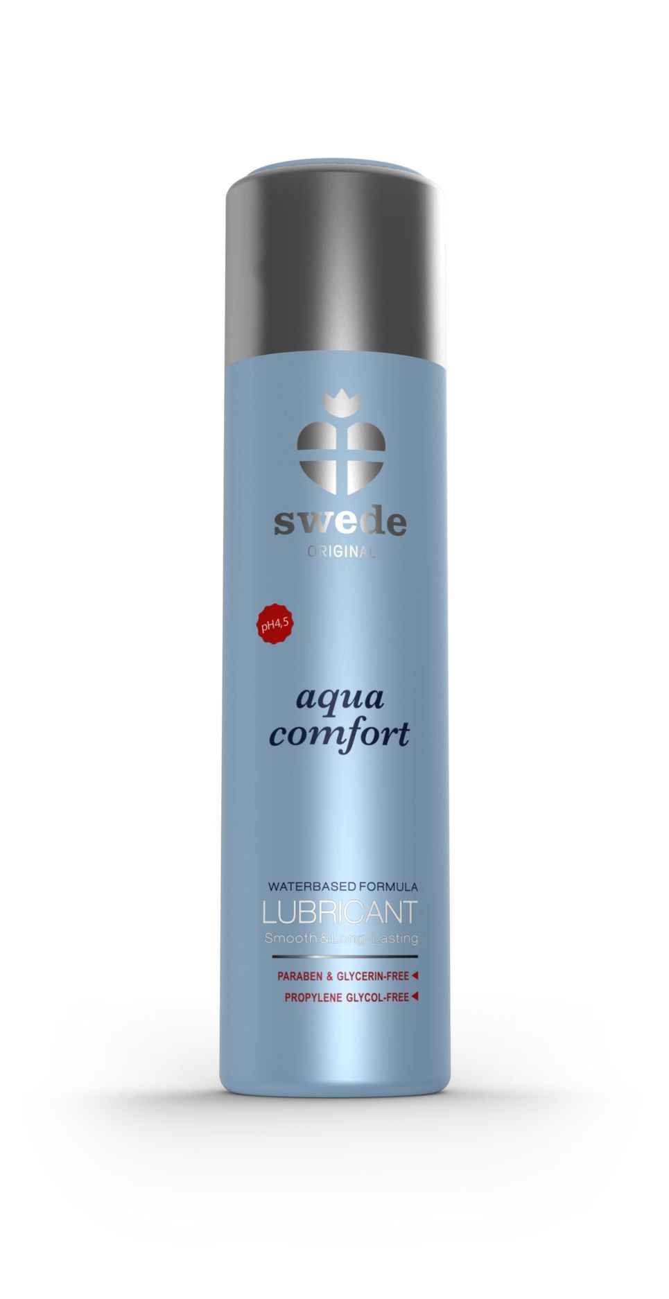 Flacone azzurro con tappo argentato. Scritta: aqua comfort, LUBRICANT. Marchio Swede.