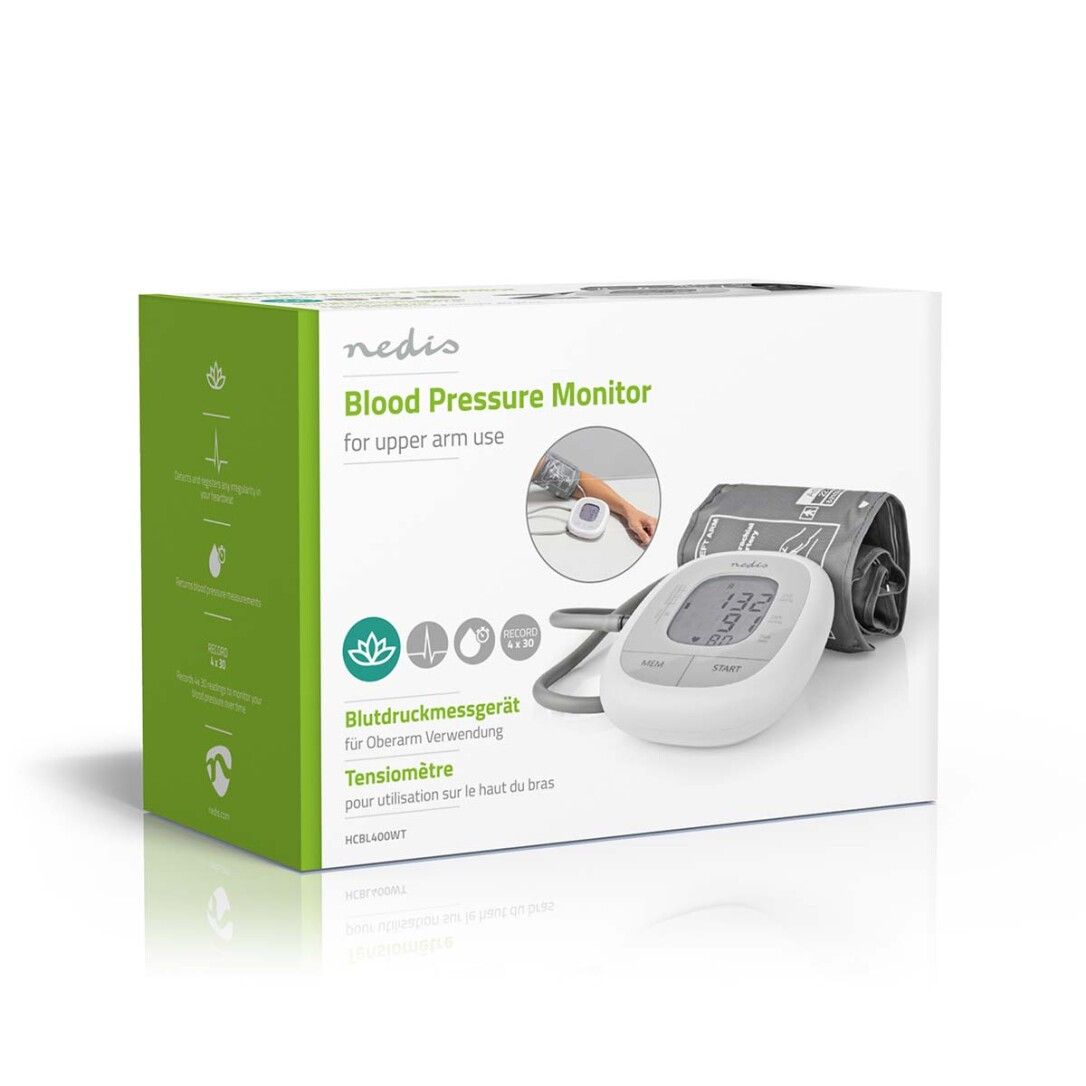 Confezione per misuratore di pressione. Testo: Blood Pressure Monitor. Dispositivo e bracciale illustrati. Marchio: Nedis. Testo in tedesco e francese.