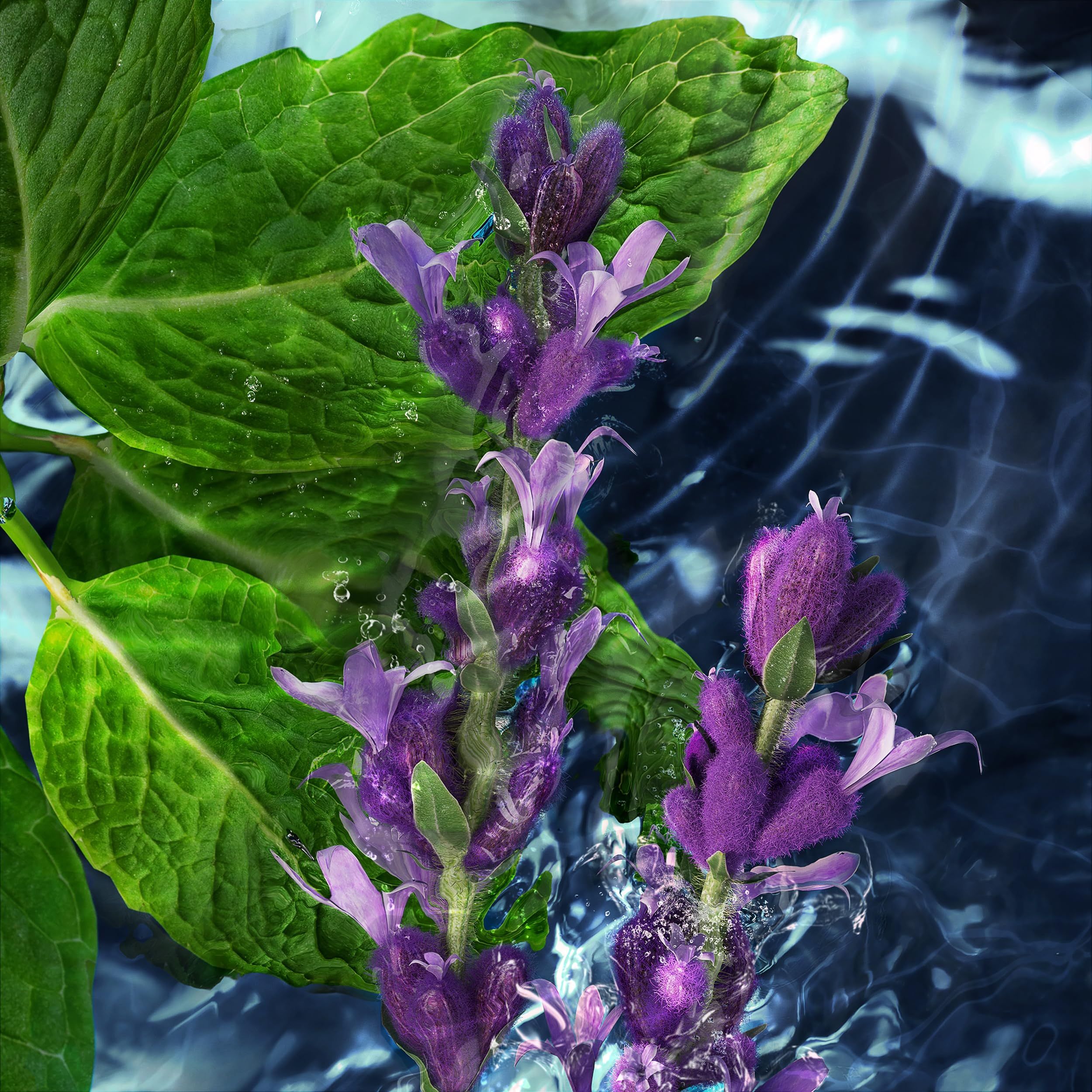 Fiori viola sott'acqua. Foglie verdi. Sfondo blu.