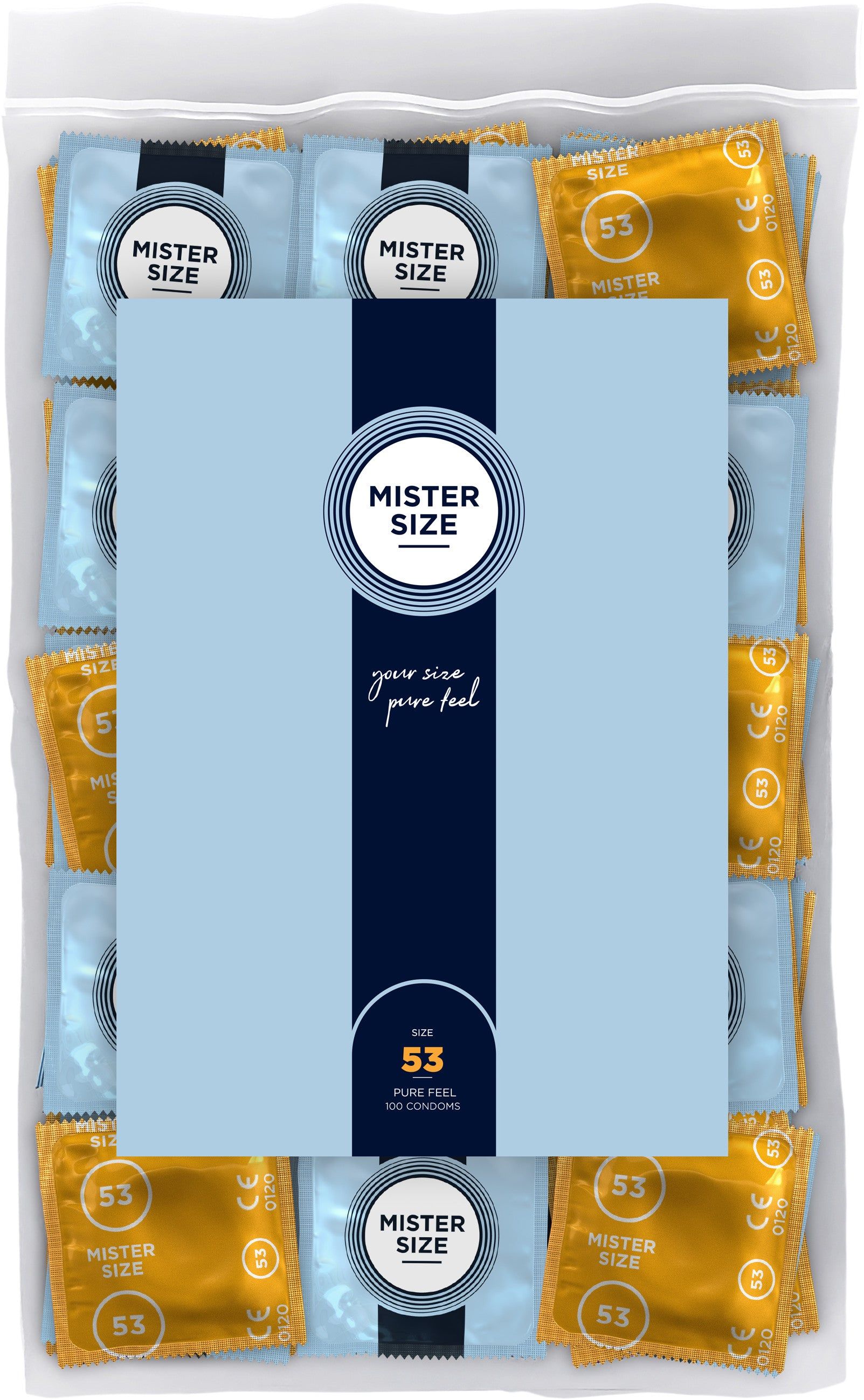 Confezione di preservativi. Incarti blu e oro. Scritta: Mister Size, 53.