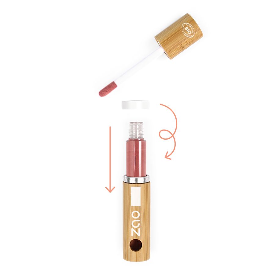 Ricarica rossetto con applicatore. Astuccio in bambù. Sigillo Bio in alto. Logo ZAO. Tonalità rosa. Vista esplosa.