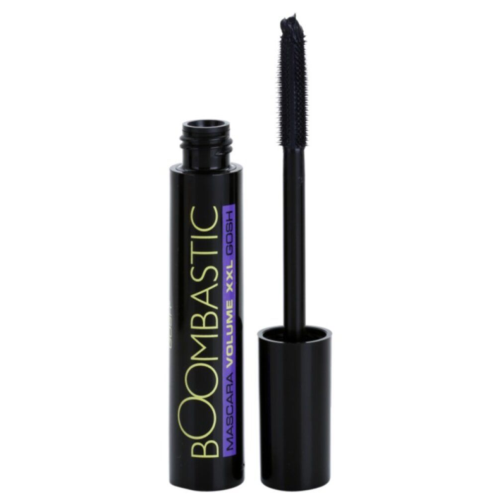 Tubo di mascara nero con tappo aperto e spazzola. Scritta: BOOMBASTIC GOSH XXL VOLUME MASCARA.