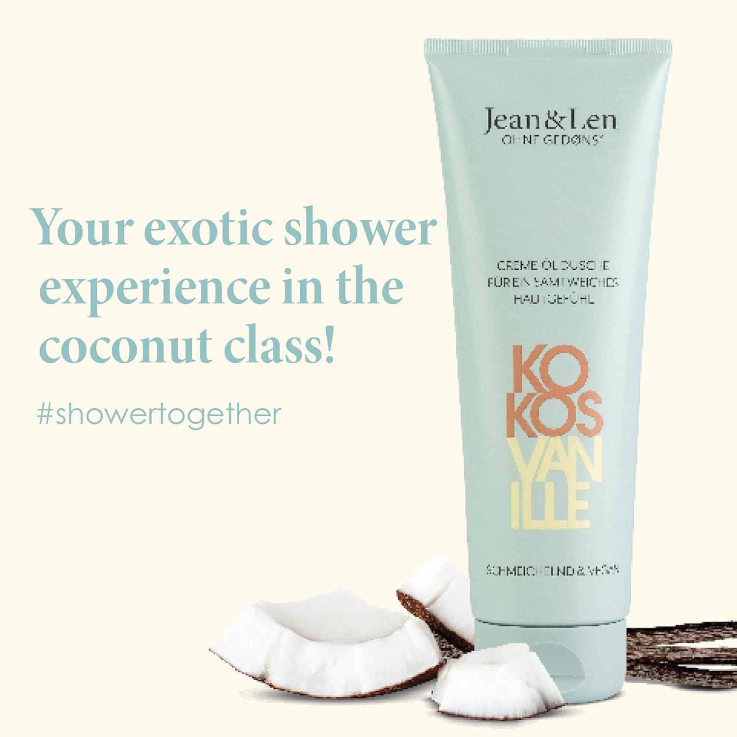 Tubo verde chiaro con stampa del prodotto. Profumo cocco-vaniglia. Cocco e baccelli di vaniglia accanto. Testo: Your exotic shower experience.