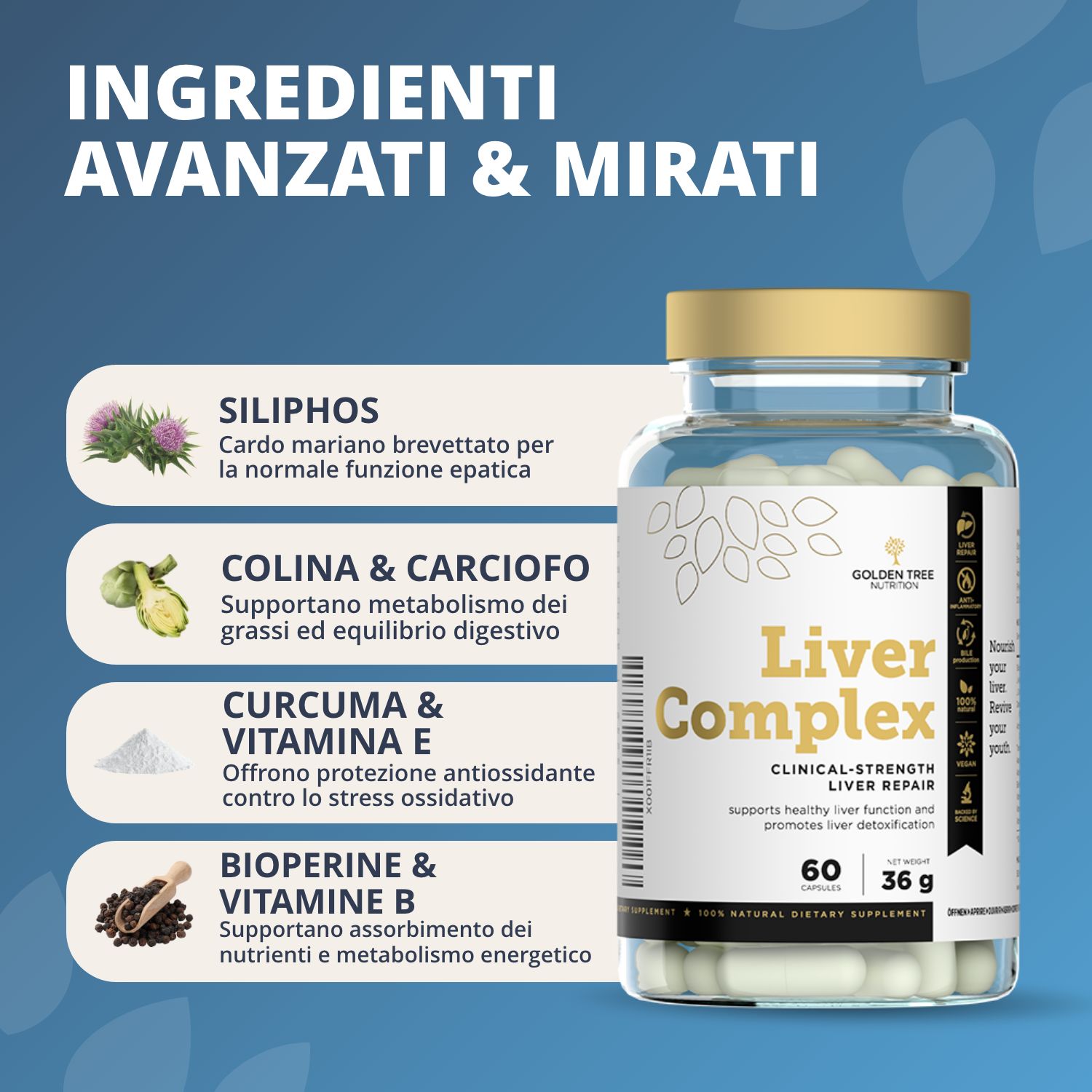 Flacone Golden Tree Liver Complex con elenco dettagliato degli ingredienti come colina e carciofo.