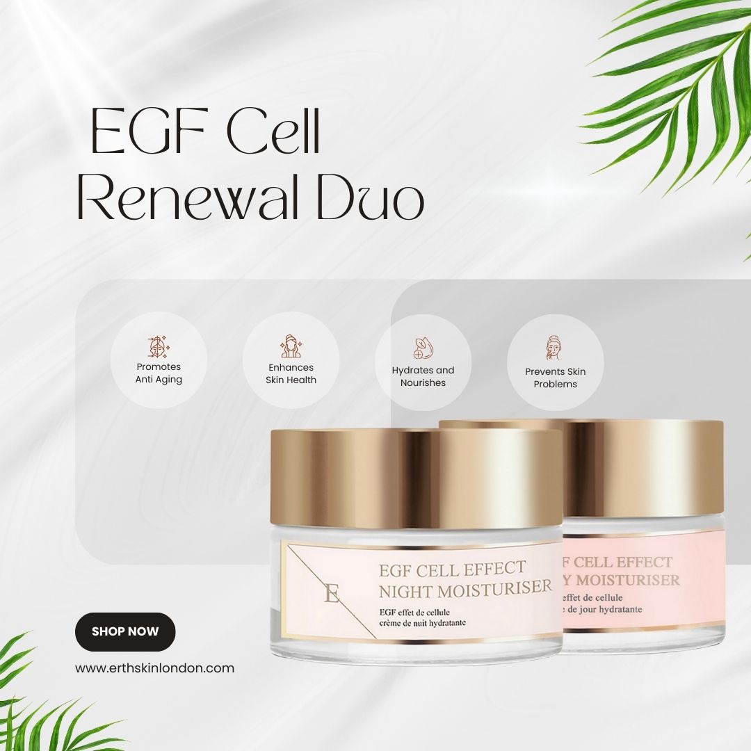 Due vasetti di crema idratante giorno e notte con coperchi dorati ed etichette rosa. Testo: EGF Cell Renewal Duo, Shop Now, www.erthskinlondon.com.
