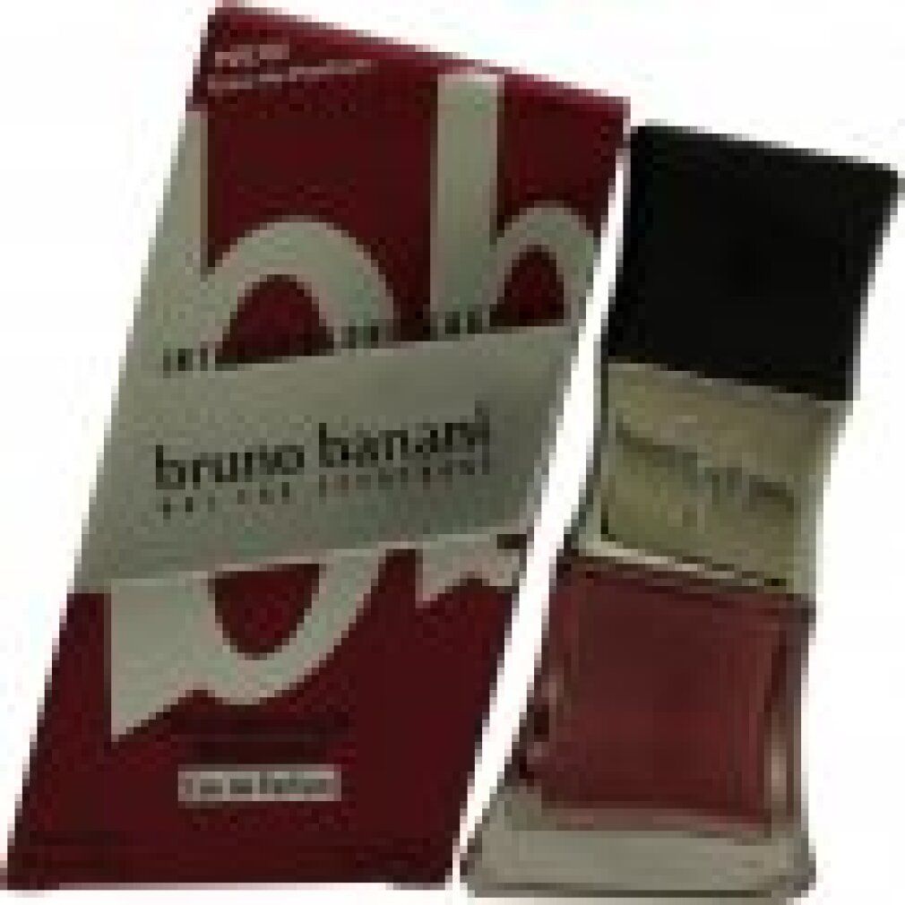 Flacone di profumo e confezione. Confezione rossa con logo argento. Scritta "bruno banani".