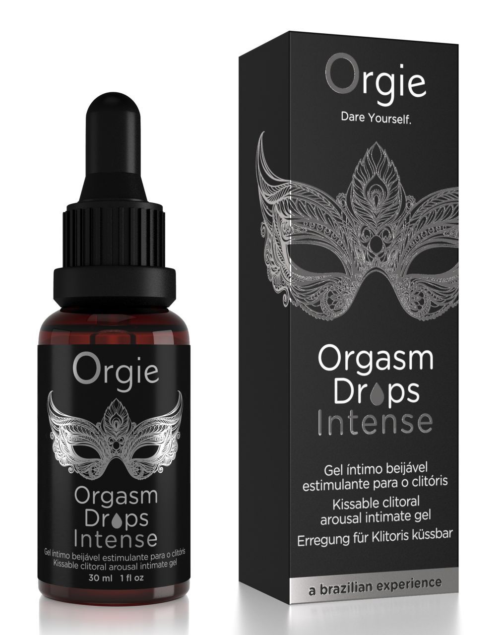 Flacone e scatola Orgie Orgasm Drops Intense. Confezione scura con motivo a maschera.