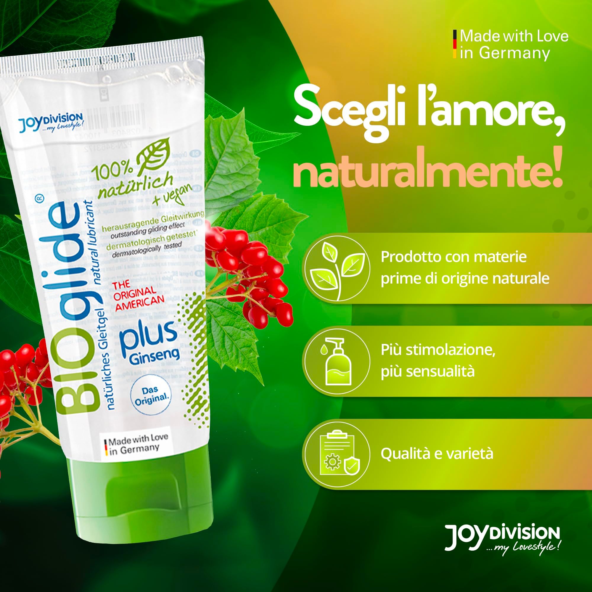Tubo di lubrificante Joydivision Bio-Glide, ingredienti 100% naturali.