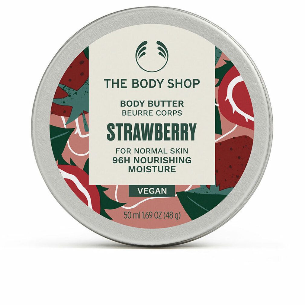 Barattolo rotondo con coperchio argentato. Scritta: The Body Shop, Body Butter, Strawberry, 96H Moisture, Vegan, 50 ml.